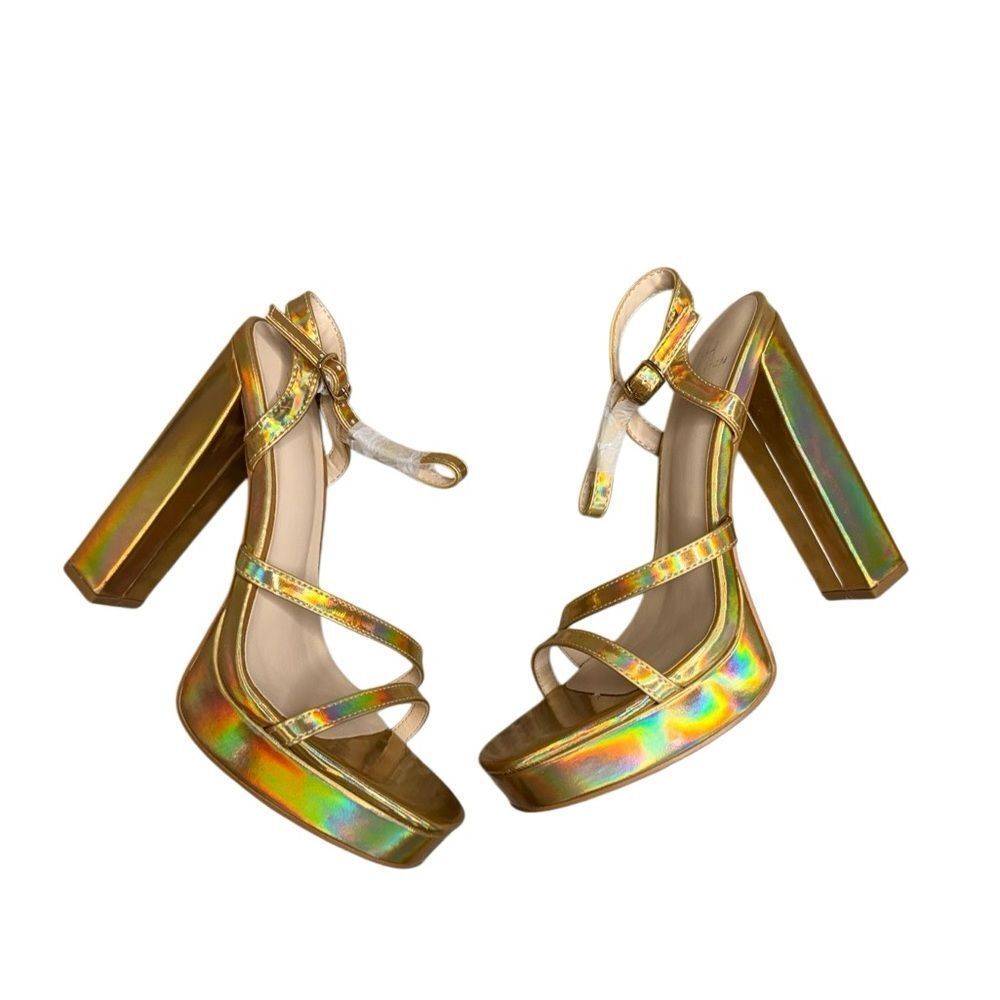 NWB Halston Heritage Sardinia Metallic Gold Block Heel Sandals Size 6 - Picture 6 of 9